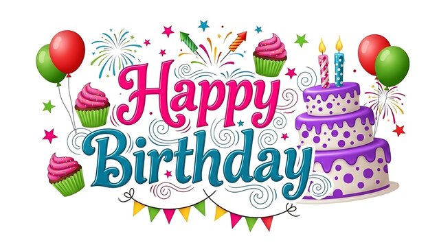 Colorful happy birthday sign with cake and balloons isolated on white background