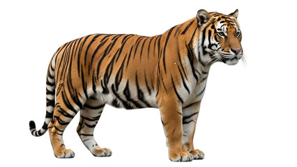 Obraz premium Tiger standing in the dark with its head turned to the camera.