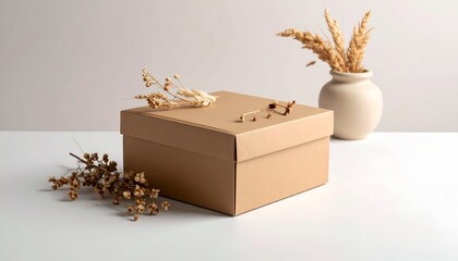 A simple brown box surrounded by dried flowers and a vase on a clean, minimal backdrop