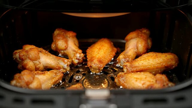 Rows of Golden Fried Chicken Wings Arranged on Industrial Conveyor Belt in Food Production