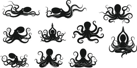 Collection of twenty octopus silhouettes in unique poses with creative tentacle arrangements, marine life artwork, yoga‑like gestures, and ocean design concepts © Masud