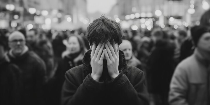 Person covering face with hands in crowded street reflecting feelings of anxiety and isolation in a busy city setting