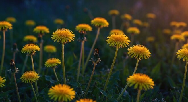 A close-up field of vibrant yellow flowers in various stages of bloom, bathed in soft light - Powered by Adobe