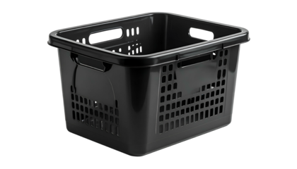 A black rectangular laundry basket with integrated handles and a perforated design