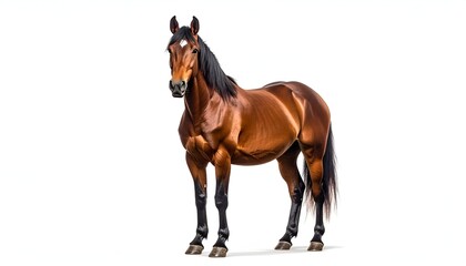 A majestic horse stands still, showcasing its strong physique and shiny coat against a white background