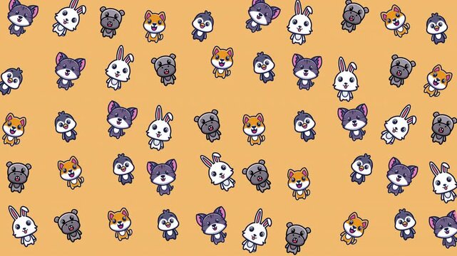 Pattern of cartoon animals on a peach background perfect for childrens clothing, stationery, and nursery decor products. Whimsical and playful.