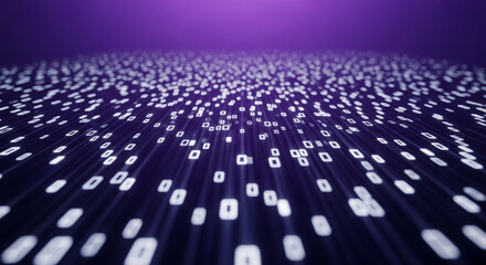 Abstract image of binary code flowing down, purple background, representing digital data stream, technology, or futuristic concept