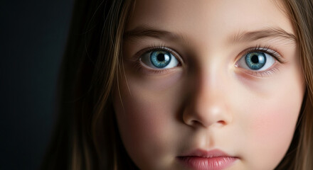 Close-up of girl's face, showcasing expressive blue eyes and soft skin texture, conveying innocence and childhood purity