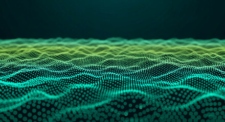 Abstract image of green and teal particles forming waves, creating a digital, flowing texture suitable for tech or nature-inspired designs, showcasing a sense of movement and energy
