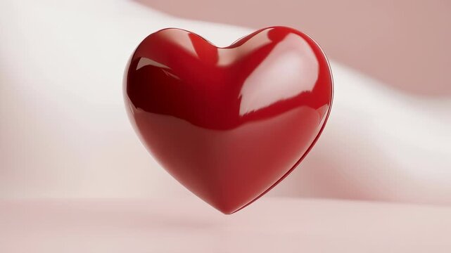 A glossy, ruby red heart floats against a soft, blurred background, highlighting shape