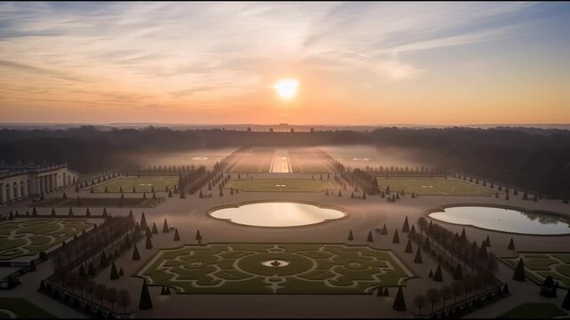 Aerial view of landscape with ponds gardens and buildings at sunset