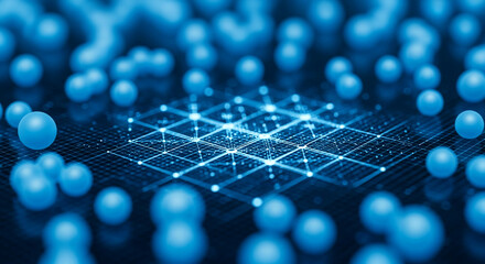 Abstract image of blue spheres and glowing grid, suggesting network connection, data visualization, or technological advancement