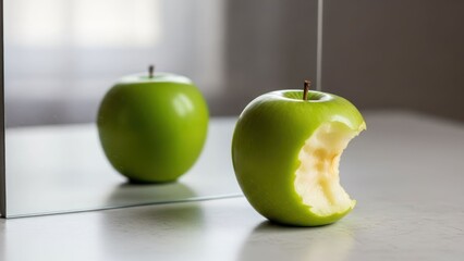 Half-eaten green apple reflects whole in mirror on white table