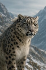 Fototapeta premium Snow leopard standing on a rocky outcrop, its fur blowing gently in the wind, observing its winter mountain habitat