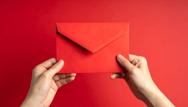 A pair of hands holding a vibrant red envelope against a matching solid red background