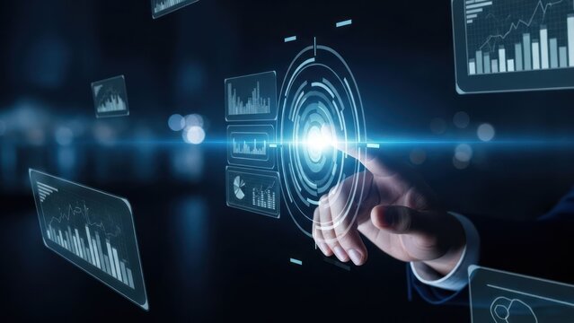 Human hand interacting with holographic data displays in a digital environment - Powered by Adobe