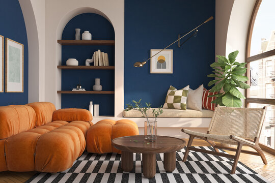 Mid century style conceptual dopamine interior room 3d illustration