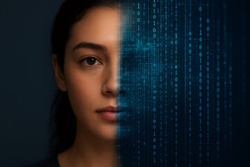 Woman's face fusing with digital binary code streams, symbolizing interconnectedness, data, and technology concepts