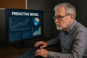 Senior analyst using computer for complex data analysis, examining charts and graphs related to a predictive model