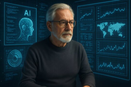 Experienced developer working with artificial intelligence data and futuristic user interface, analyzing information and innovation concepts - Powered by Adobe