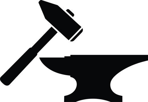 Hammer and anvil icon representing blacksmith metalwork forging craftsmanship industry tool strength minimal black vector illustration