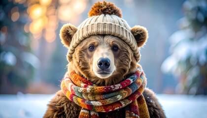 A bear wearing a knitted hat and a colorful scarf in a snowy forest setting