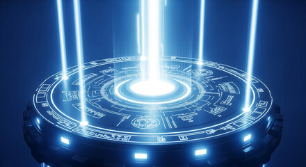 Circular technological platform with glowing blue lines and beams, showcasing a futuristic concept of innovation, technology, and digital interface, ideal for tech presentations or futuristic designs