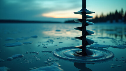 Obraz premium Moody Ice Fishing Auger Drill on Turquoise Ice at Twilight