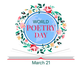 World Poetry Day Open Book Earth Globe in Floral Frame