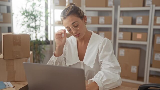 Woman rubbing eyes while holding parcel at desk in office building, removing glasses and checking laptop; stress small business struggle.