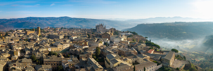 High resolution aerial Panorama of Orvieto at Sunrise: Medieval City on a Tuff Cliff with Cathedral Duomo, Umbria Italy Heritage