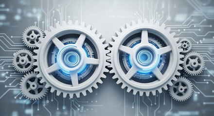 Interlocking white gears with blue accents against a circuit board background, symbolizing teamwork, technology, and seamless operation