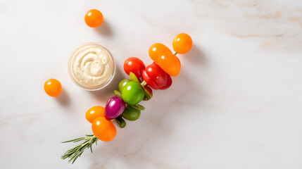 crudite. Colorful vegetable skewers with dip, presented as a healthy appetizer on a marble surface. menu design, packaging mockups, designed for food delivery and cloud-kitchen brand materials.