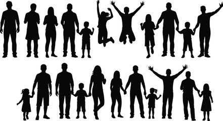 Happy family silhouettes showing parents and children standing together holding hands and jumping isolated on white background illustration