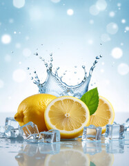 Zesty Lemon Refreshment: A burst of refreshing water splashing around vibrant yellow lemons and ice cubes, creating a sensory symphony that captures the essence of summer. 