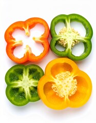 Colorful Pepper Power: A vibrant close-up captures the cross-section of bell peppers, showcasing their natural colors and seeds. 