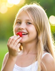 Joyful Bite: A young girl, with radiant blonde hair, savors a juicy strawberry, embodying pure delight and the simple pleasures of life.