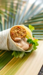 Tahini Sauce Tropical Palm Leaf Background Fresh Ingredients