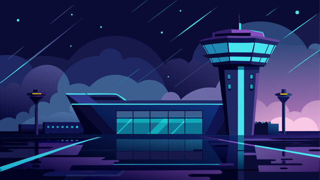 A futuristic airport control tower stands tall at night with a sleek, modern terminal building in the background, surrounded by clouds and stars.