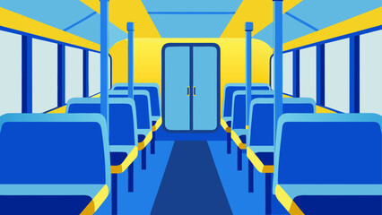 A vibrant blue and yellow vector graphic illustration of a bus interior with rows of seats © Devili