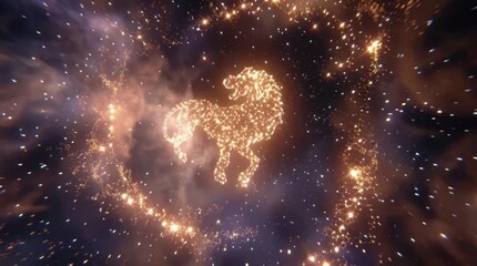 Leo zodiac hologram animation with golden sky galaxy background