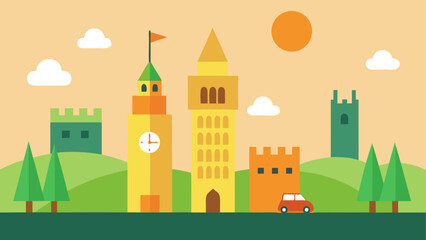 A colorful cartoon illustration of a whimsical town with towers and a car