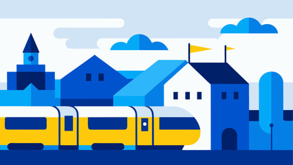A colorful vector illustration of a train passing through a small town with blue and yellow buildings © Devili