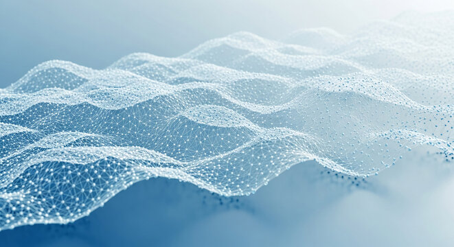 Abstract blue wave-like mesh network, nodes connected, creating flowing, dynamic texture suitable for technology or science background