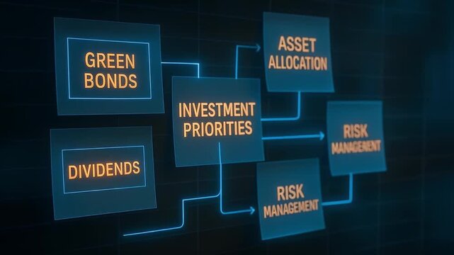 Investment priorities concept featuring green bonds dividends asset allocation risk management financial planning strategy in futuristic glowing digital interface for optimal asset growth