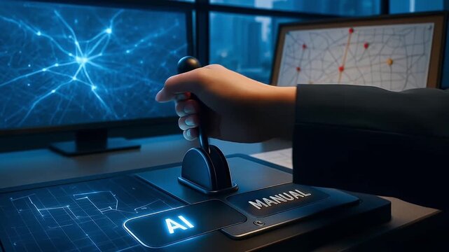 Artificial intelligence manual control lever symbolizes precision skills technology management decision making digital interface futuristic workspace automated manual processes seamless integration