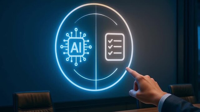 Artificial intelligence concept showcasing precision and manual skills with hand selecting digital checklist and AI chip icons glowing on futuristic interface highlighting technology innovation