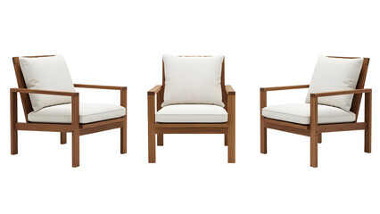 Three wooden chairs with white cushions isolated on transparent background