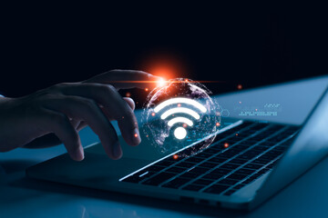 Internet wifi fast connect concept, Man with laptop access high speed internet, wireless technology, global broadband network, wifi hotspot sharing.