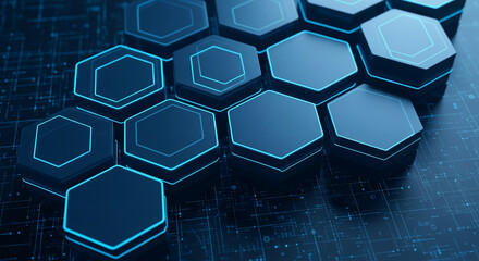 Blue hexagonal shapes with glowing edges, arranged on a dark digital background, represent technological advancement, network connection, or abstract design concept, ideal for tech